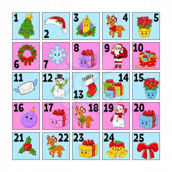 Christmas advent calendar with cute characters. Santa claus, deer, snowman, fir tree, snowflake, gift, bauble, sock. Cartoon style. With numbers 1 to 25. Vector illustration. Holiday preparation.