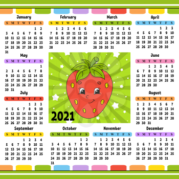 Calendar for 2021 with a cute character. Fun and bright design. Isolated color vector illustration. Cartoon style.