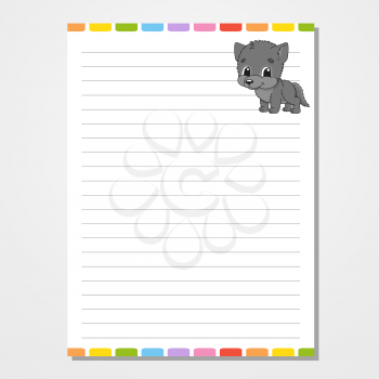 Sheet template for notebook, notepad, diary. With the image of a cute character. Isolated vector illustration. Cartoon style.