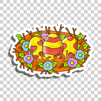 Cute cartoon character. Easter nest. Sticker with contour. Colorful vector illustration. Isolated on transparent background. Design element