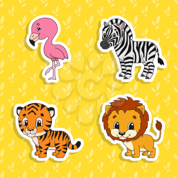 Set of bright color stickers. Orange lion. Orange tiger. Happy zebra. Pink flamingo. Cute cartoon characters. Vector illustration isolated on color background. Wild animals.