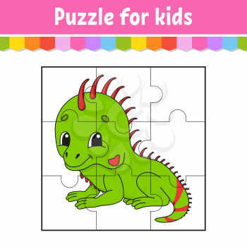 Puzzle game for kids. Green iguana. Education worksheet. Color activity page. Riddle for preschool. Isolated vector illustration. Cartoon style.