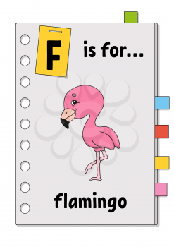 F is for flamingo. ABC game for kids. Word and letter. Learning words for study English. Cartoon character. Color vector illustration. Cute animal.