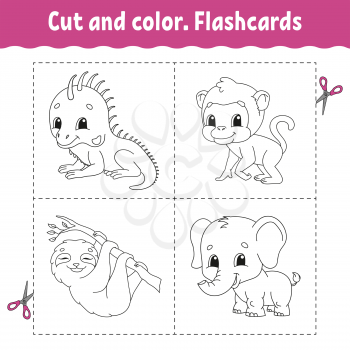 Cut and color. Flashcard Set. monkey, sloth, iguana, elephant. Coloring book for kids. Cartoon character. Cute animal.