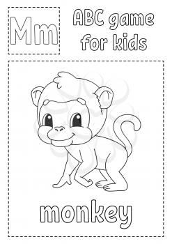 Letter M is for monkey. ABC game for kids. Alphabet coloring page. Cartoon character. Word and letter. Vector illustration.