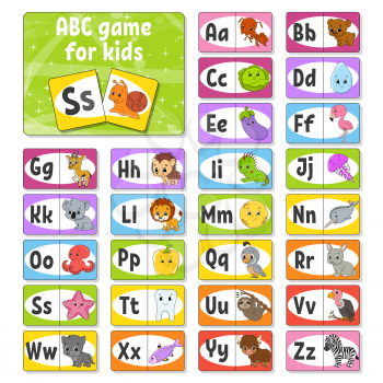 Set ABC flash cards. Alphabet for kids. Learning letters. Education developing worksheet. Activity page for study English. Color game for children. Funny character. Vector illustration. Cartoon style.