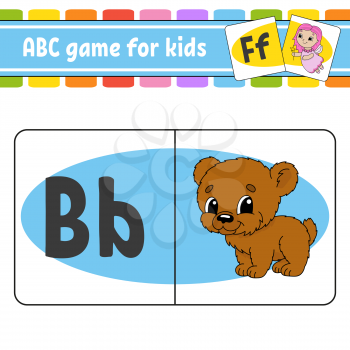 ABC flash cards. Animal bear. Alphabet for kids. Learning letters. Education worksheet. Activity page for study English. Color game for children. Isolated vector illustration. Cartoon style.