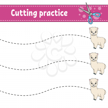 Cutting practice for kids. Animal alpaca. Education developing worksheet. Activity page. Color game for children. Isolated vector illustration. Cartoon character.