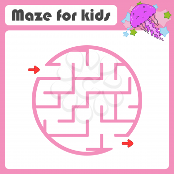 Square maze. Game for kids. Marine jellyfish. Puzzle for children. Cartoon style. Labyrinth conundrum. Color vector illustration. Find the right path. The development of logical and spatial thinking.