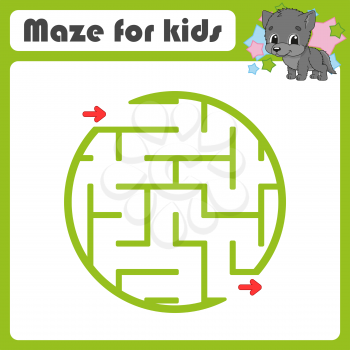 Square maze. Game for kids. Animal wolf. Puzzle for children. Cartoon style. Labyrinth conundrum. Color vector illustration. Find the right path. The development of logical and spatial thinking.