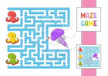 Funny square maze. Game for kids. Puzzle for children. Labyrinth conundrum with character. Octopus and jellyfish. Color vector illustration. Find the right path. With answer.
