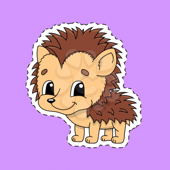 Sticker with contour. Cartoon character. Hedgehog animal. Colorful vector illustration. Isolated on color background. Template for your design.