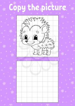 Copy the picture. Coloring book pages for kids. Education developing worksheet. Hedgehog animal. Game for children. Handwriting practice. Funny character. Cartoon vector illustration.