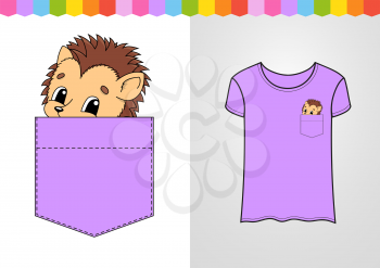 Cute character in shirt pocket. Hedgehog animal. Colorful vector illustration. Cartoon style. Isolated on white background. Design element.