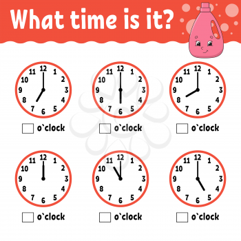 Learning time on the clock. Educational activity worksheet for kids and toddlers. Wash detergent. Game for children. Simple flat isolated color vector illustration in cute cartoon style.