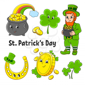 Set of color stickers for kids. Leprechaun with a pot of gold, gold coin, clover, magic rainbow, horseshoe. St. Patrick's Day. Cartoon characters. Black stroke. Isolated vector illustration.