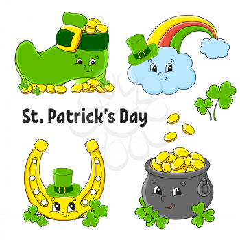 Set of color stickers for kids. Leprechaun boot, pot of gold, gold coin, clover, magic rainbow, horseshoe. St. Patrick's Day. Cartoon characters. Black stroke. Isolated vector illustration.