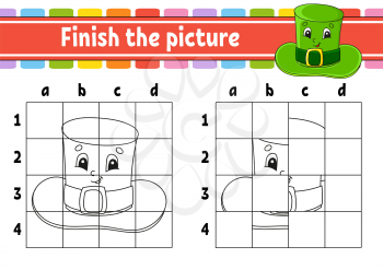 Finish the picture. Leprechaun hat. Coloring book pages for kids. Education developing worksheet. Game for children. Handwriting practice. Cartoon character. Vector illustration.