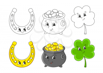 Set coloring page for kids. St. Patrick's Day. Pot of gold. Cute cartoon characters. Clover shamrock. Golden horseshoe. Black stroke. Vector illustration. With sample.