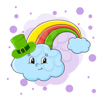 Colorful vector illustration. Rainbow in hat. Isolated on color abstract background. Design element. Cartoon character. St. Patrick's day.