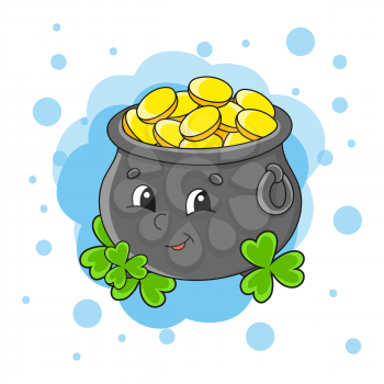 Colorful vector illustration. Pot of gold with clover. Isolated on color abstract background. Design element. Cartoon character. St. Patrick's day.
