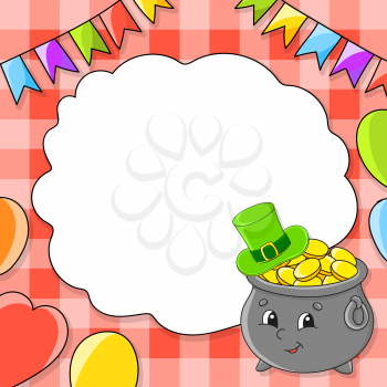 Festive color vector illustration with empty place for text. Cartoon character, balloons, garlands. Pot of gold in hat. For the design of greeting cards, birthdays, stickers. St. Patrick's day.
