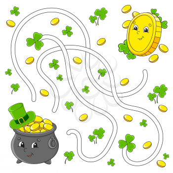 Funny maze for kids. Pot, coin. St. Patrick's day. Puzzle for children. Cartoon character. Labyrinth conundrum. Color vector illustration. Find the right path.