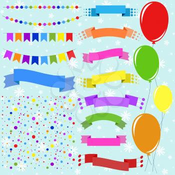 Set of flat colored isolated balloons on ropes and garlands of flags. A set of ribbons of banners of different shapes. Background in the form of confetti.