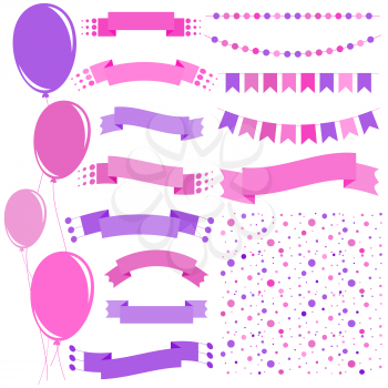Set of flat pink and purple isolated balloons on ropes and garlands of flags. A set of ribbons of banners of different shapes. Background in the form of confetti.
