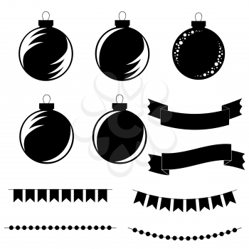 Set of flat black and white isolated Christmas tree balls, ribbons of banners and garlands in the form of flags on a white background