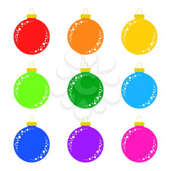 Set of flat colored isolated Christmas tree toys. Decoration balls are red, orange, yellow, green, blue, purple, pink.
