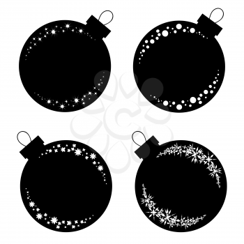 Set of flat isolated black and white silhouettes of Christmas toys balls on a white background