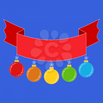 Flat colored isolated ribbon banner with Christmas tree toys attached to it. On a blue background.