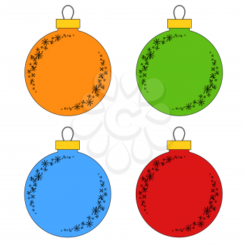 Flat colored set of isolated Christmas toys in the form of balls of blue, green, red, orange. With a black outline. Simple design for processing.