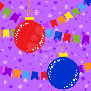 Flat colored set of isolated Christmas toys in the form of balls of blue and red. On the backdrop of purple stars and garlands of flags. Simple design for processing.