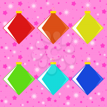 Set of six colored isolated flat Christmas toys square shape on a pink starry background.