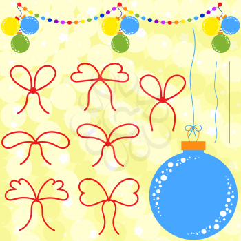 Set of flat red bows and ropes to Christmas decorations. Garland and blue Christmas ball on a yellow background
