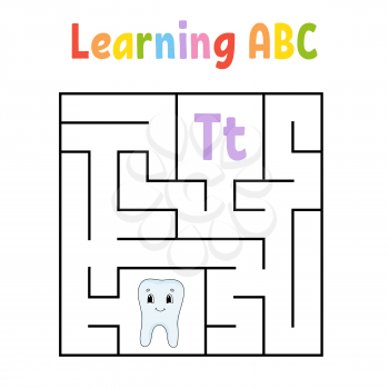 Square maze. Game for kids. Quadrate labyrinth. Education worksheet. Activity page. Learning alphabet. Cute cartoon style. Find the right way. Logical conundrum. Color vector illustration.