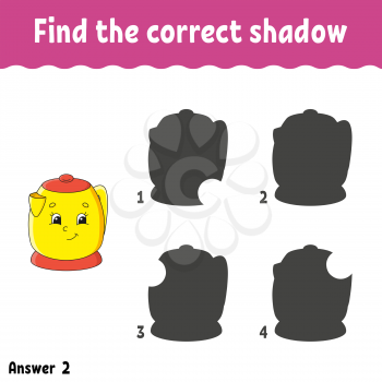 Find the correct shadow. Education developing worksheet. Matching game for kids. Activity page. Puzzle for children. Riddle for preschool. Cute character. Isolated vector illustration. Cartoon style.