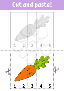 Learning numbers. Cut and glue. Education developing worksheet. Game for kids. Activity page. Funny character. Riddle for preschool. Flat isolated vector illustration. Cute cartoon style.