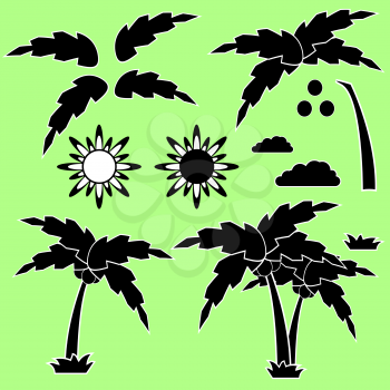 Set of silhouettes of a cartoon palm tree with sun, clouds and grass
