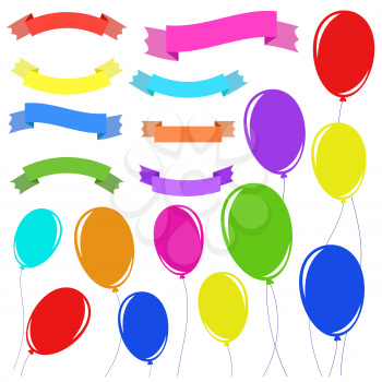 A set of 8 flat colored insulated banner ribbons and 11 balloons on ropes. Suitable for design.
