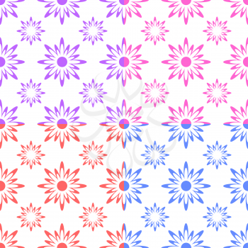 Set of seamless patterns from orange, purple, pink, blue abstract silhouettes on a white background