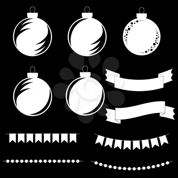 Set of flat silhouettes of black and white isolated Christmas toys. Decoration glass balls. Ribbons banners. Garlands in the form of flags and circles.