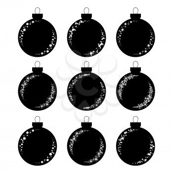Set of flat isolated black and white silhouettes of Christmas toys balls on a white background. Different variants of glare on the glass sphere