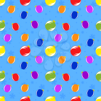 Color seamless pattern of red, orange, blue, yellow, green, pink Christmas balls on a colored background