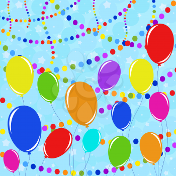 Set of flat colored insulated garlands and balloons on ropes. Against a background of multicolored confetti. Suitable for design.