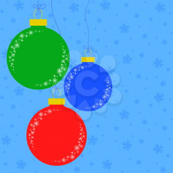 Flat Christmas toys in the form of a ball of green, blue and red color on a colored background. Hanging on thin ropes with bows. Suitable for the decoration of postcards