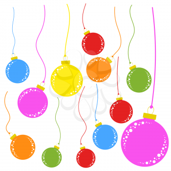 set of flat colored isolated Christmas tree toys balls on the ropes. Simple style.