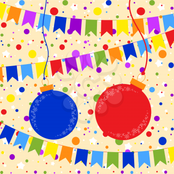 Flat colored set of isolated Christmas toys in the form of balls of blue and red on thin ropes. On a background of garlands and confetti. Simple design for postcards.
